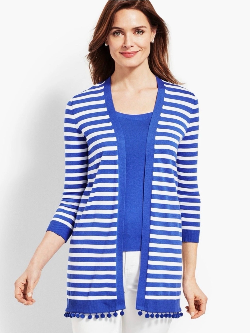 Talbots Natalie Stripe Cardigan Women’s Size Large Blue White Pom Pom Trim